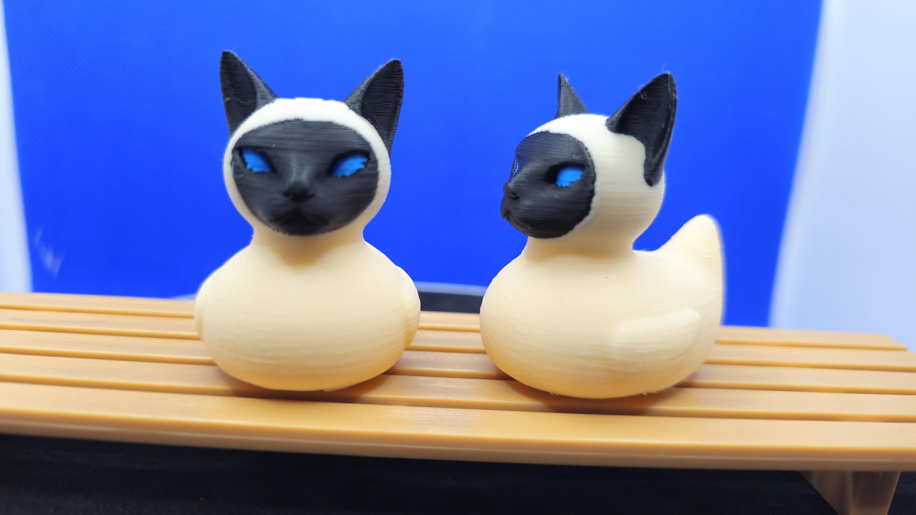 Siamese Cat Duck, Blue Eyes, Cream Chocolate Accents, 3D Printed Collectible