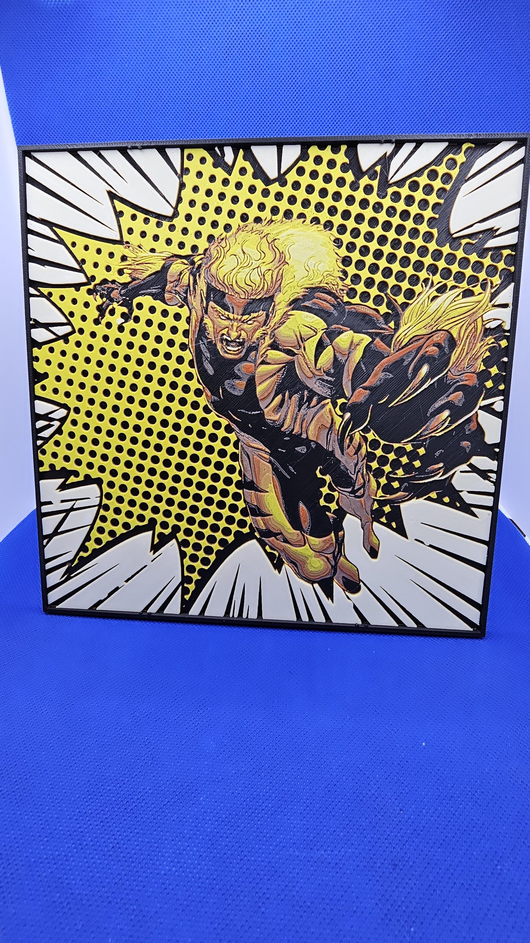 Sabretooth‑Style Comic Burst Lithograph – 8×8 PLA Wall Art with Frame & Stand