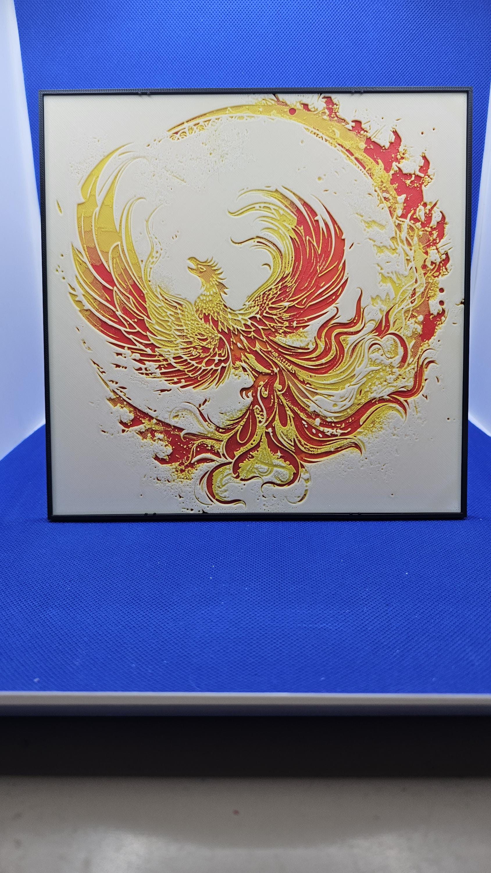 Fiery Phoenix Lithograph – 8×8 PLA Wall Art with Frame & Stand