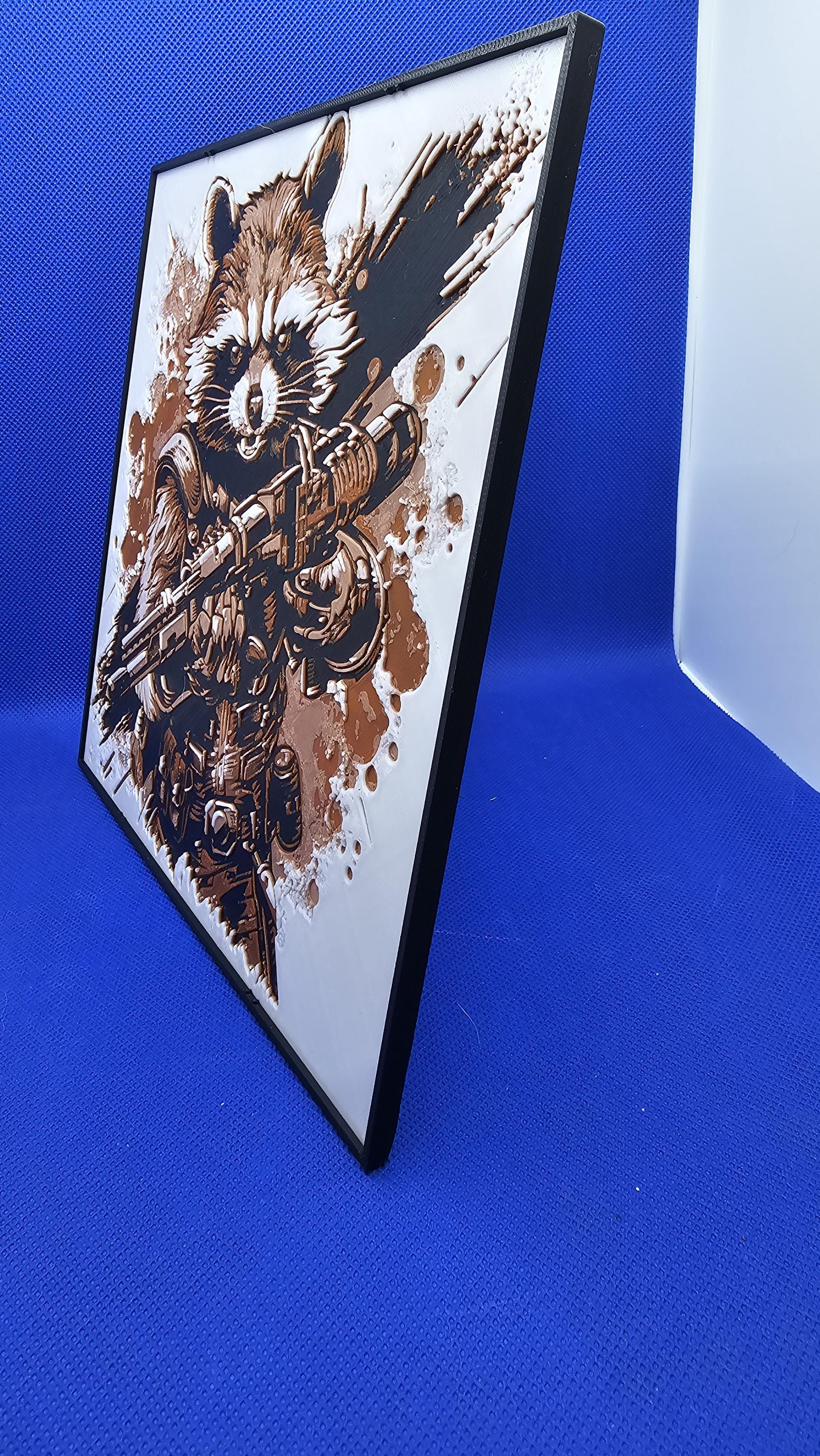 Raccoon Guardian Lithograph – 8×8 PLA Art with Frame & Stand